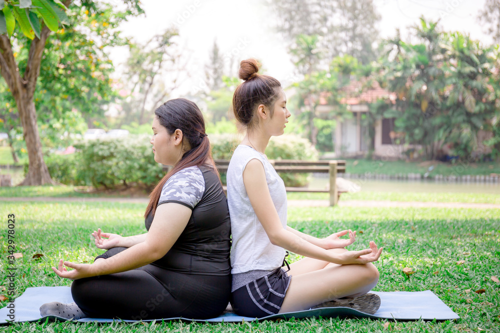 Young women and friend doing yoga at the park, healthy and lifestyle concept Young women and friend doing yoga at the park, healthy and lifestyle concept