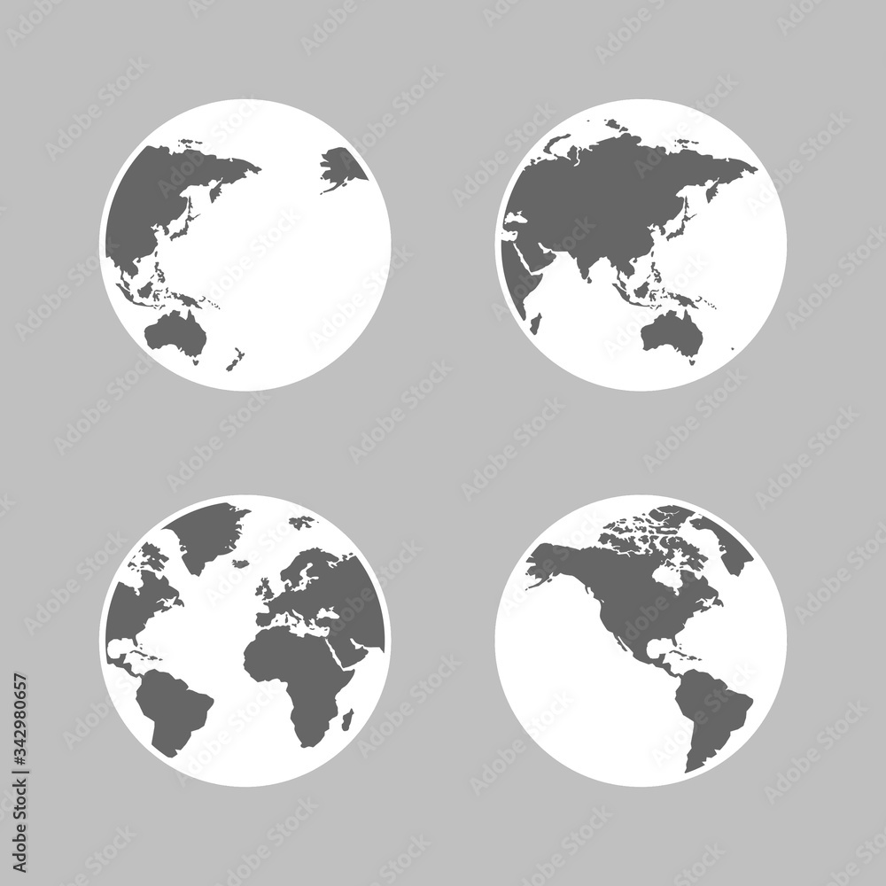 The black and white image of the world in 4 formats on gray background and with selection paths .Globe world set. Globe world earth planet illustration symbol.