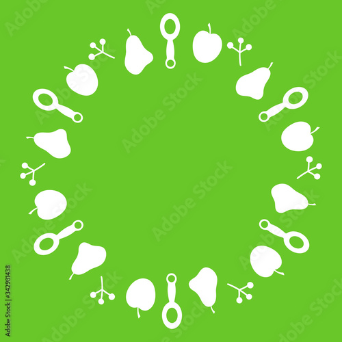 Frame made of hand-drawn apple, pear, plum, children's spoons .The concept of baby food. Natural products for children. Space for text. Vector design template