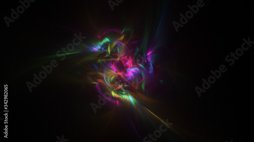 Abstract colorful purple and green glowing shapes. Fantasy light background. Digital fractal art. 3d rendering.