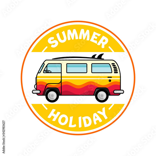 Fotografia flat illustration summer holiday on beach with palm trees motorcycle, picnic car