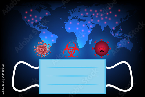 mask and Coronavirus attack on world. prevent concept Virus Covid 19-NCP (2019-nCoV) map Background vector illustration with copy space add text