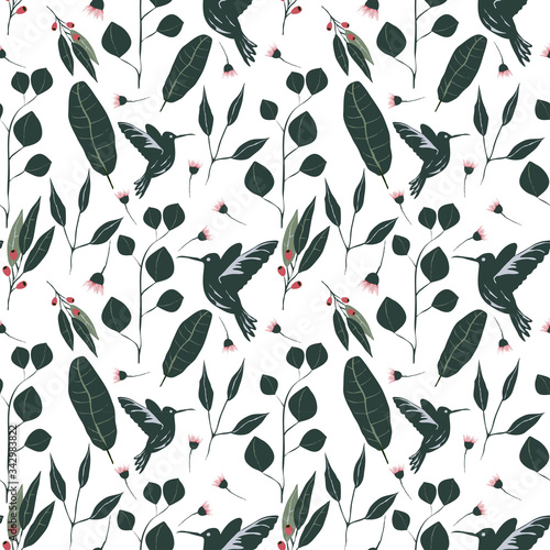 Stylized Hummingbird Flying Around Flower Vector Seamless Pattern
