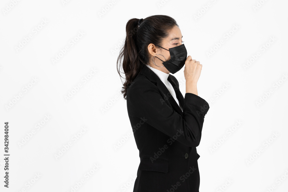 Portrait young Asian business woman in suit wearing face mask on white isolated background. Coronavirus flu virus , Covid 19 , Air pollution pm2.5 concept. Portrait young Asian business woman in suit wearing face mask on white isolated background. Coronavirus flu virus , Covid 19 , Air pollution pm2.5 concept.