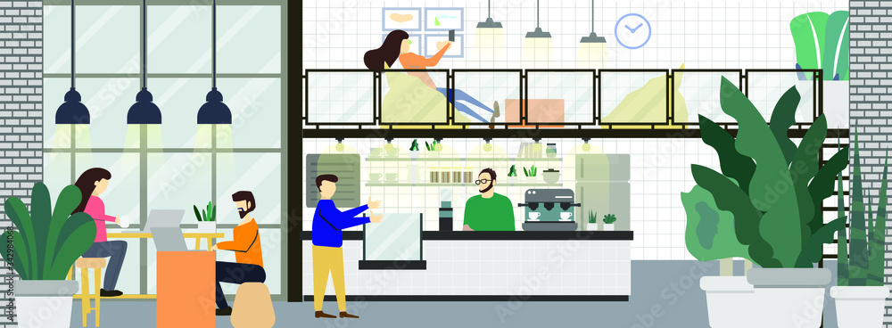 Trendy lifestyle people characters in loft cafe' coffee shop interior. Dining and working activities flat vector illustrator.