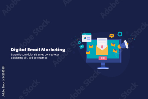 Business content, email service, digital marketing campaign, newsletter promotion, internet and communication advertising concept. Web banner with text.