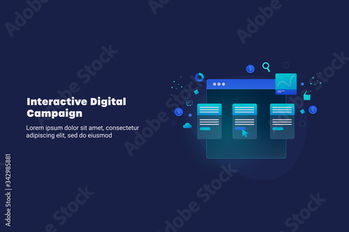 Digital marketing campaign, interactive social media posts, customer engagement, website marketing concept. 
