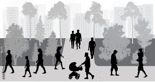 Silhouettes of crowd of people walking in park. Vector illustration.