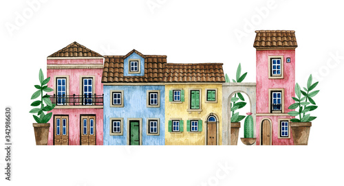 Fototapeta Naklejka Na Ścianę i Meble -  Watercolor hand-drawn Portugal street with rural houses. Cute suburban old European houses. Brick walls, tile roof, wooden doors, arch. Colorful cozy rural home, plants in pots
