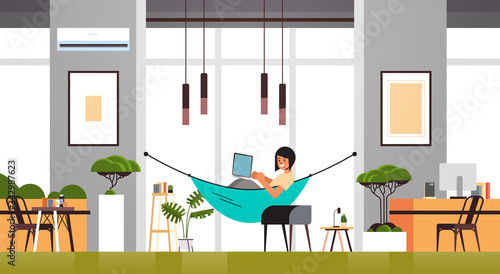 woman freelancer using laptop working at home during coronavirus quarantine self-isolation freelance social distancing concept living room interior horizontal full length vector illustration