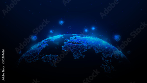 World map. Love of the planet. Hearts float around the world. Low poly vector