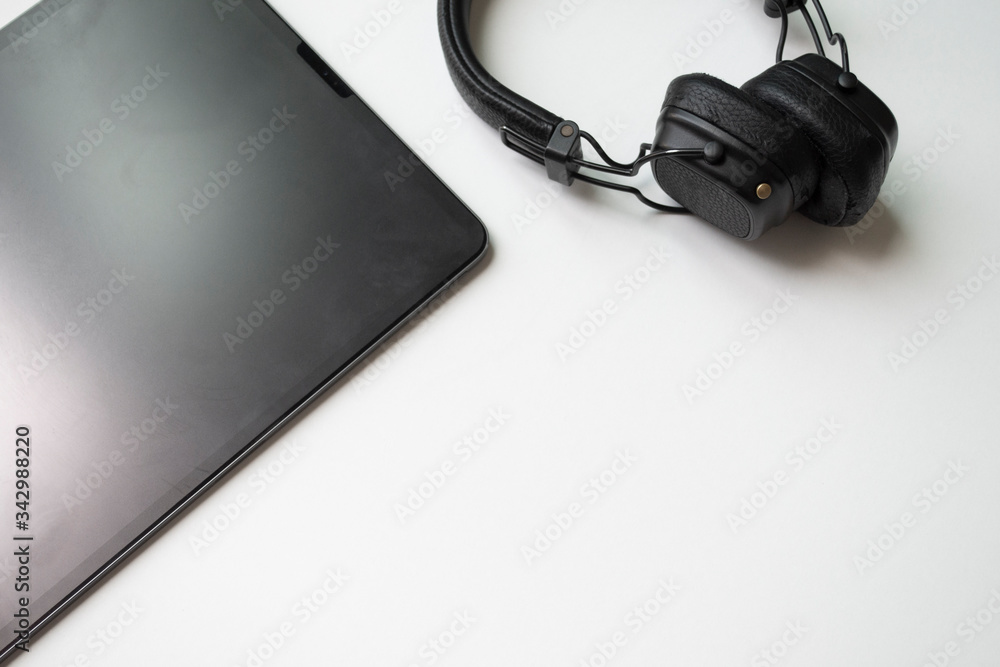 work station. tablet, headphone, mobile on white background. flat lay. work station. tablet, headphone, mobile on white background. flat lay.