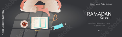 religious muslim character praying ramadan kareem holy month religion concept horizontal copy space vector illustration