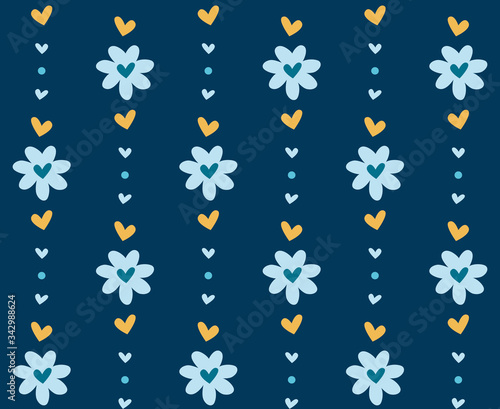 Floral seamless ornament with hearts in cute retro style. Hand drawn vector illustration for web and print, wallpaper, background, scrapbooking and wrapping paper, textile.
