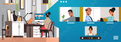 woman meeting with mix race friends during video call Covid-19 pandemic coronavirus quarantine concept people having virtual fun live conference living room interior horizontal vector illustration