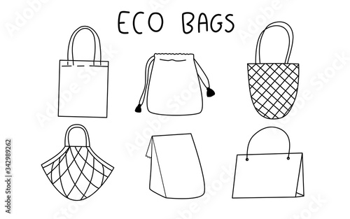 Collection of Zero waste, Reusable paper, Eco Grocery Shopping Bags. Hand draw doodle black line. Plastic Bag Free, For better environment help decrease global warming, go green, art concept - vector