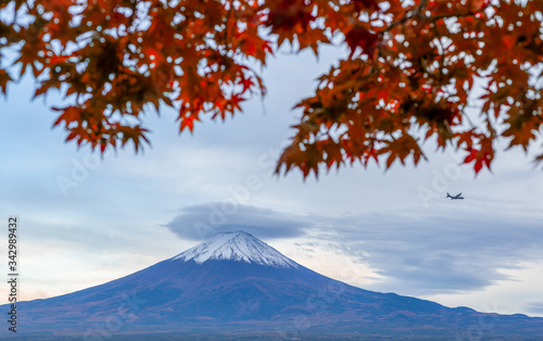 Landscape colorful autumn season and mountain Fuji at lake Kawaguchiko in day time. Frame composition.