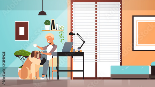 man freelancer using laptop working at home during coronavirus quarantine self-isolation freelance social distancing concept living room interior horizontal full length vector illustration