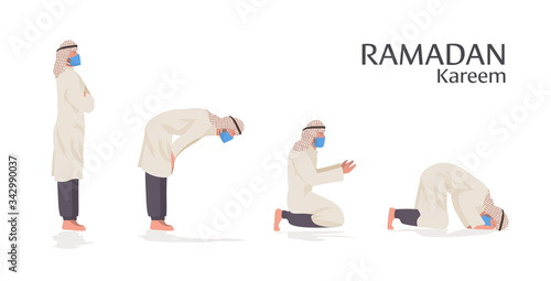 religious muslim man in mask praying positions ramadan kareem holy month coronavirus pandemic quarantine concept prayer doing religion ritual steb by step horizontal full length vector illustration