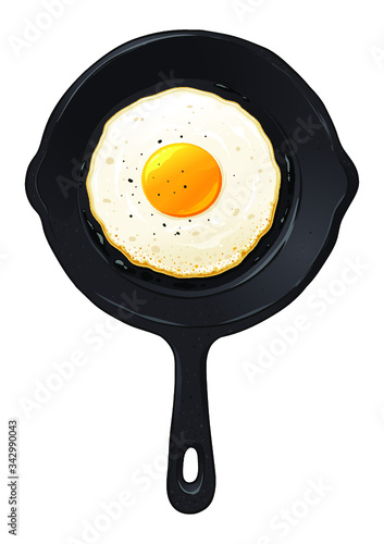 Fried egg on a iron cast frying pan, vector illustration isolated on white background