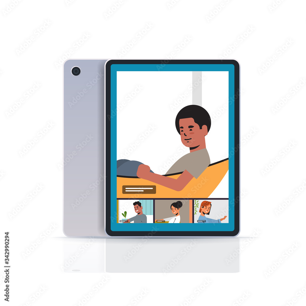 mix race friends meeting during video call Covid-19 pandemic coronavirus quarantine concept people having virtual fun live conference tablet screen vector illustration mix race friends meeting during video call Covid-19 pandemic coronavirus quarantine concept people having virtual fun live conference tablet screen vector illustration
