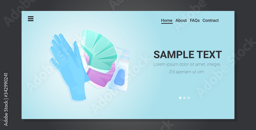 antiviral medical respiratory face mask gloves and antibacterial hand sanitizer coronavirus protection covid-19 prevention horizontal copy space vector illustration