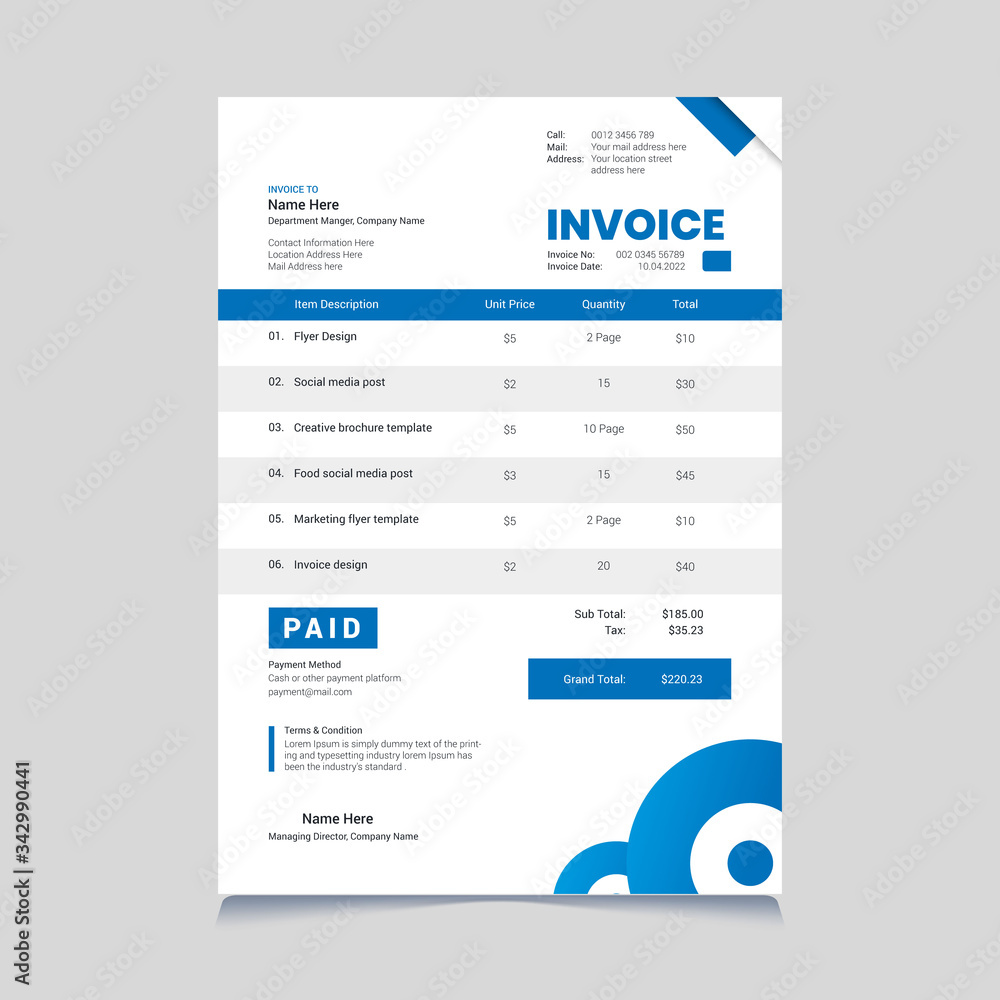 Fototapeta premium Blue corporate modern invoice template