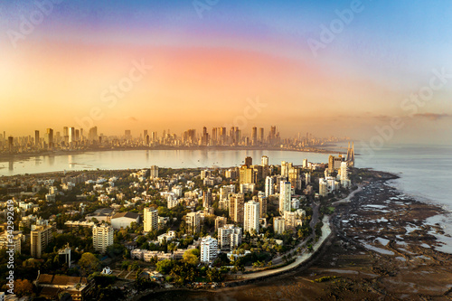 Aerial of Mumbai showing Bandra, Bandra Worli Sea Link and the Skyline of Lower Parel