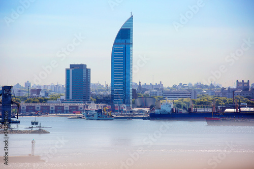 Montevideo, Uruguay, city view from the sea. The ANTEL tower. The tower is 160 meters high, making it the tallest building in Uruguay. The building is built in a single architectural style — modernis