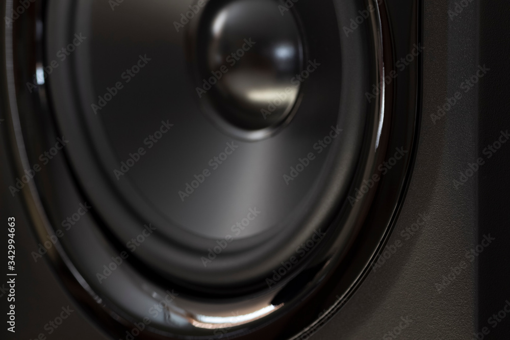 Black speaker of an acoustic monitor close-up. Black speaker of an acoustic monitor close-up.