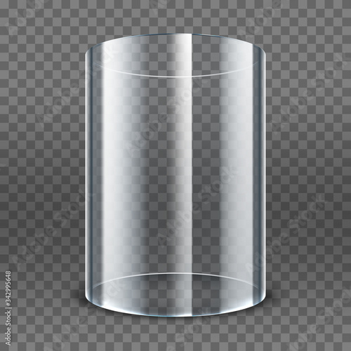Empty transparent glass cylinder isolated on transparent background. 3d round showcase. Exhibit transparent display box photo
