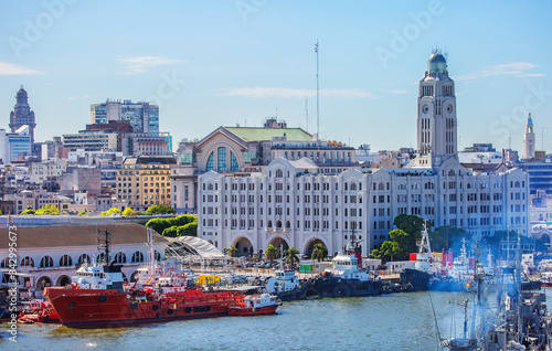 Montevideo, Uruguay, port.
 The port of Montevideo is the main commercial port of Uruguay. In the center of the image, the port customs building is visible in the background. photo