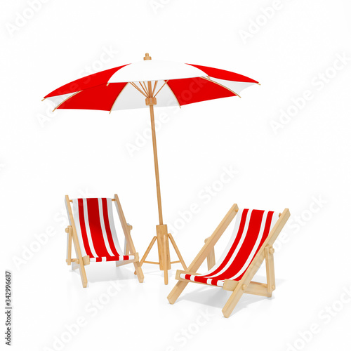 Beach chair, Deck chair with red and white stripes isolated on white background 3d rendering. Sunchair, wooden beach lounge chair with umbrella. 3d illustration Relax, holiday Summer minimal concept.