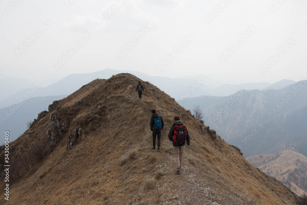 Three tourists with backpacks on hiking trail in mountains.