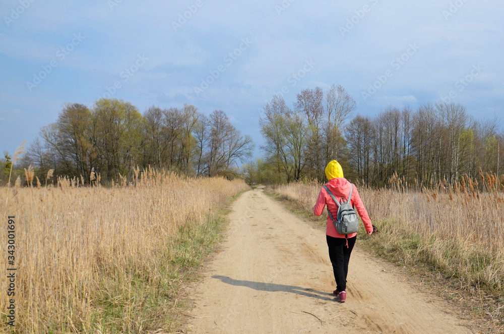 The girl is walking along a sandy road, back view. The girl is walking along a sandy road, back view.