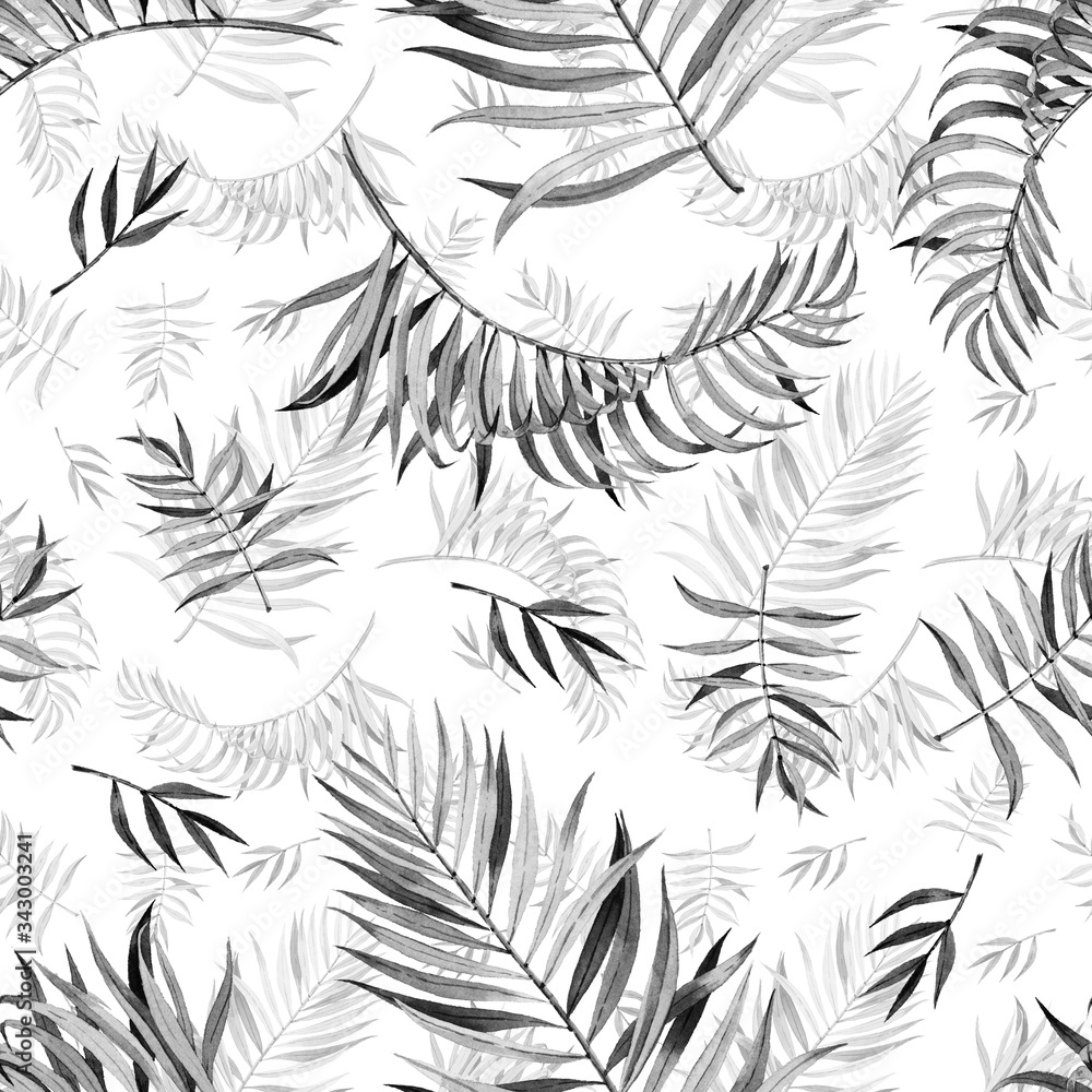Fototapeta premium Pattern with beautiful watercolor tropical leaves. Tropics. Realistic tropical leaves. In black and white style.