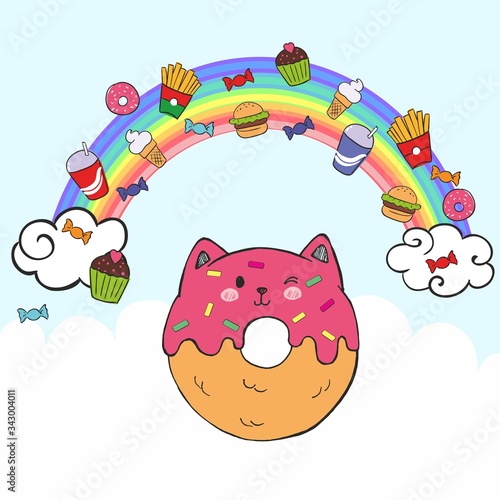 Vector illustration donut cat flying in the sky with fast food. Food character on the background of the rainbow and clouds