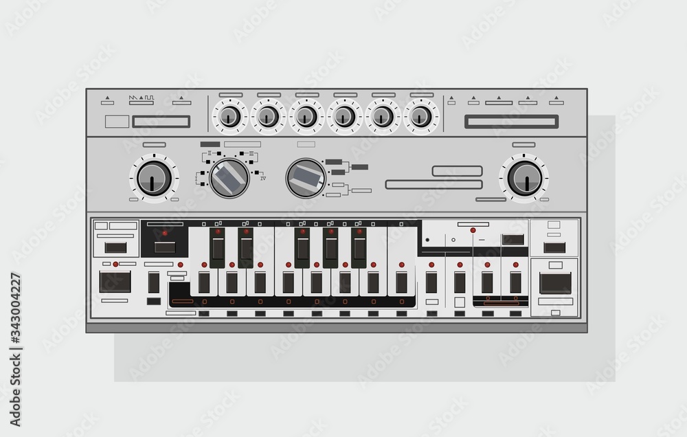 Realistic legendary synthesizer in vector. Groove box, drum machine, acid  bass, analog sound. Synth for applying to a t-shirt. Materials for DJ  posters. For drawing the image on the bag. Stock Vector