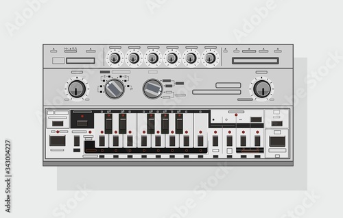 Realistic legendary synthesizer in vector. Groove box, drum machine, acid bass, analog sound. Synth for applying to a t-shirt. Materials for DJ posters. For drawing the image on the bag.