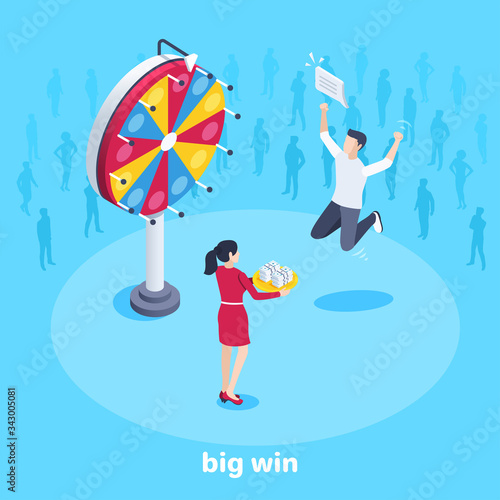 isometric vector image on a blue background, a man won a lot of money in a draw, a wheel of fortune and a big win