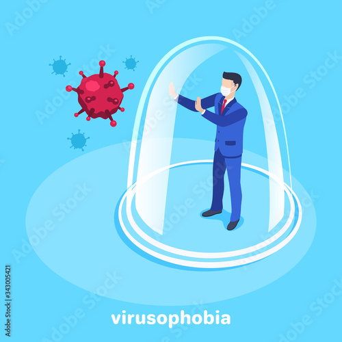 isometric vector image on a blue background, a man in a business suit and medical mask is standing under a glass dome hiding from a coronovirus, virusophobia and tantrum