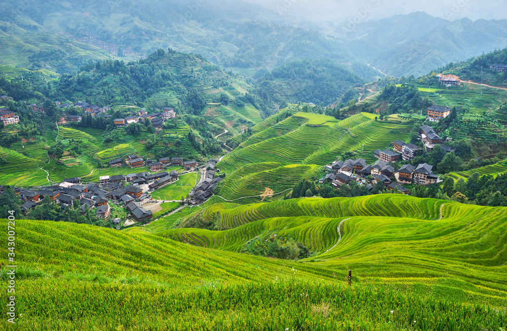 View of villages and rice terraces in South China