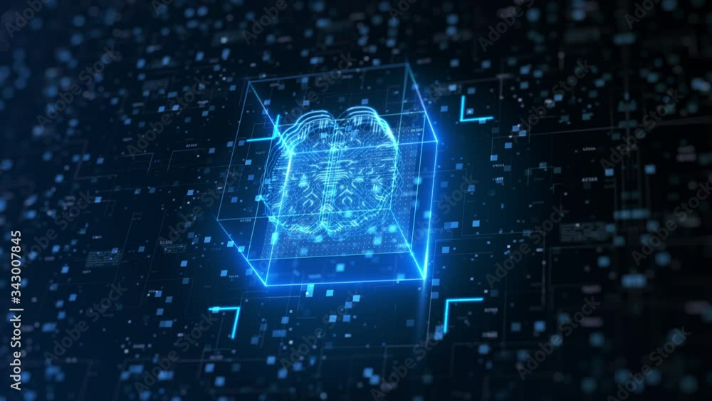 Artificial intelligence (AI) brain animation, big data flow analysis, deep learning modern technologies concepts. Super fast technology network connection. Future technology digital background.