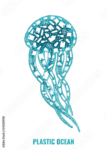 Plastic trash planet pollution concept vector illustration. Jellyfish marine animal silhouette filled with plastic garbage flat icons. Ocean pollution ecology concept, marine animal life damage