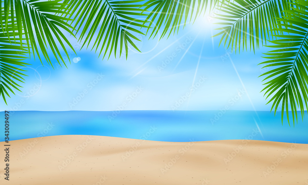 The beach with palm tree leaves together with the calligraphic summer background design