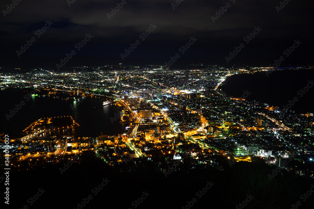 Naklejka premium Mount Hakodate City View - Million Dollar Night View of the Town.