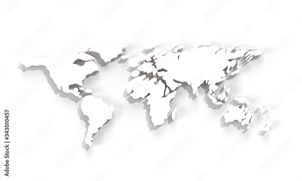 White earth. World countries map. 3D map. Horizontally world map. isolated on white background. 3d render illustration.