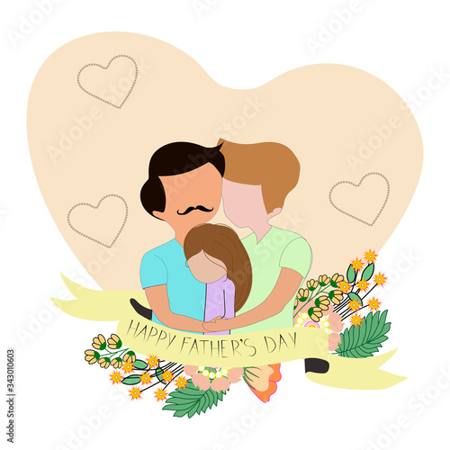 LGBT parents day, father's day. Two fathers with daughter and Happy father's day text.