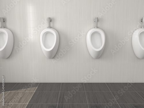 White ceramic urinals hanging on the wall in public toilet. 3d rendering illustration