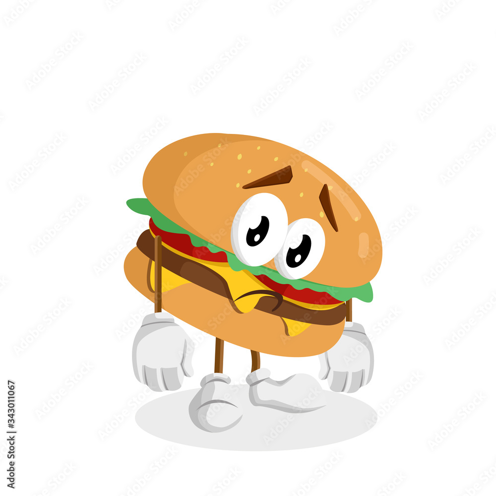 Burger Logo mascot sad pose and background with flat design style for your mascot branding. Burger Logo mascot sad pose and background with flat design style for your mascot branding.
